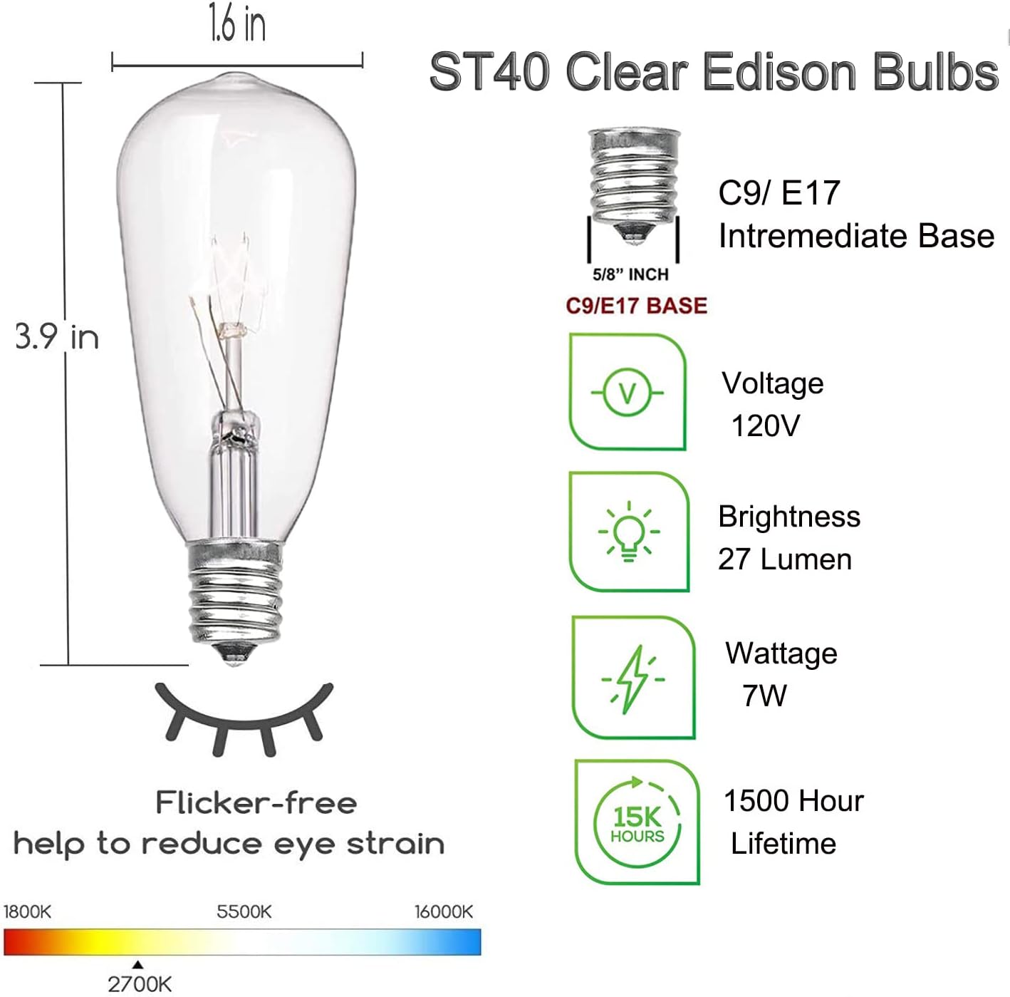 GOOTHY Bombillas de repuesto ST40 Edison, 7 W, base de tornillo intermedia E17, bombillas Edison transparentes ST40, bombillas de repuesto para