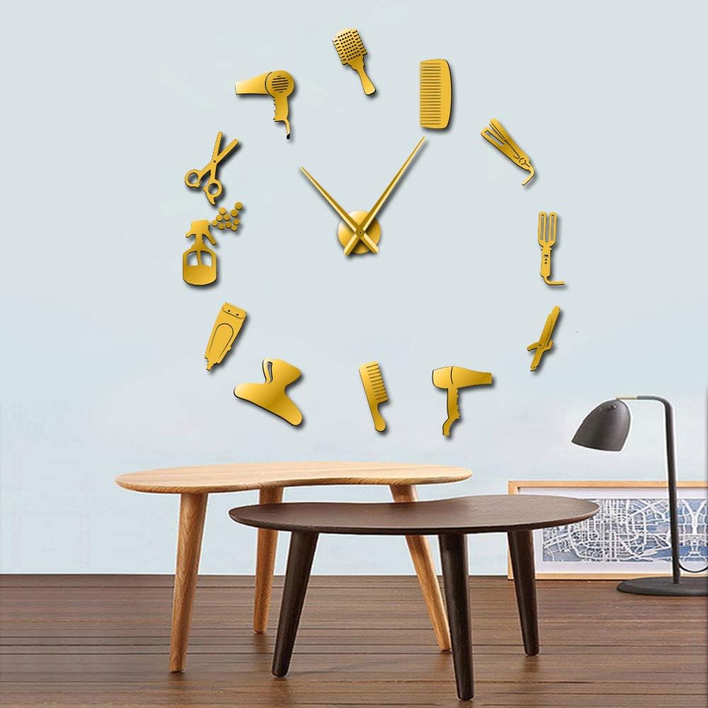 DIY Barbería Reloj de pared gigante con efecto espejo Barbería Toolkits Decorativo sin marco Reloj Peluquero Peluquero Arte de pared (dorado)