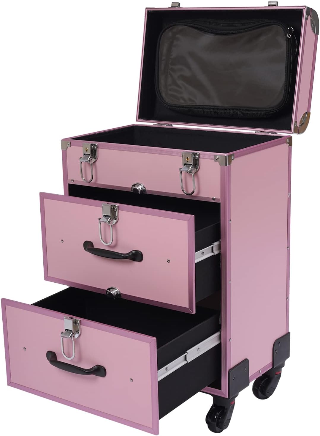 HYYKJ-US Estuche de tren de maquillaje profesional de aluminio grande con ruedas y llaves, organizador multifuncional de almacenamiento de
