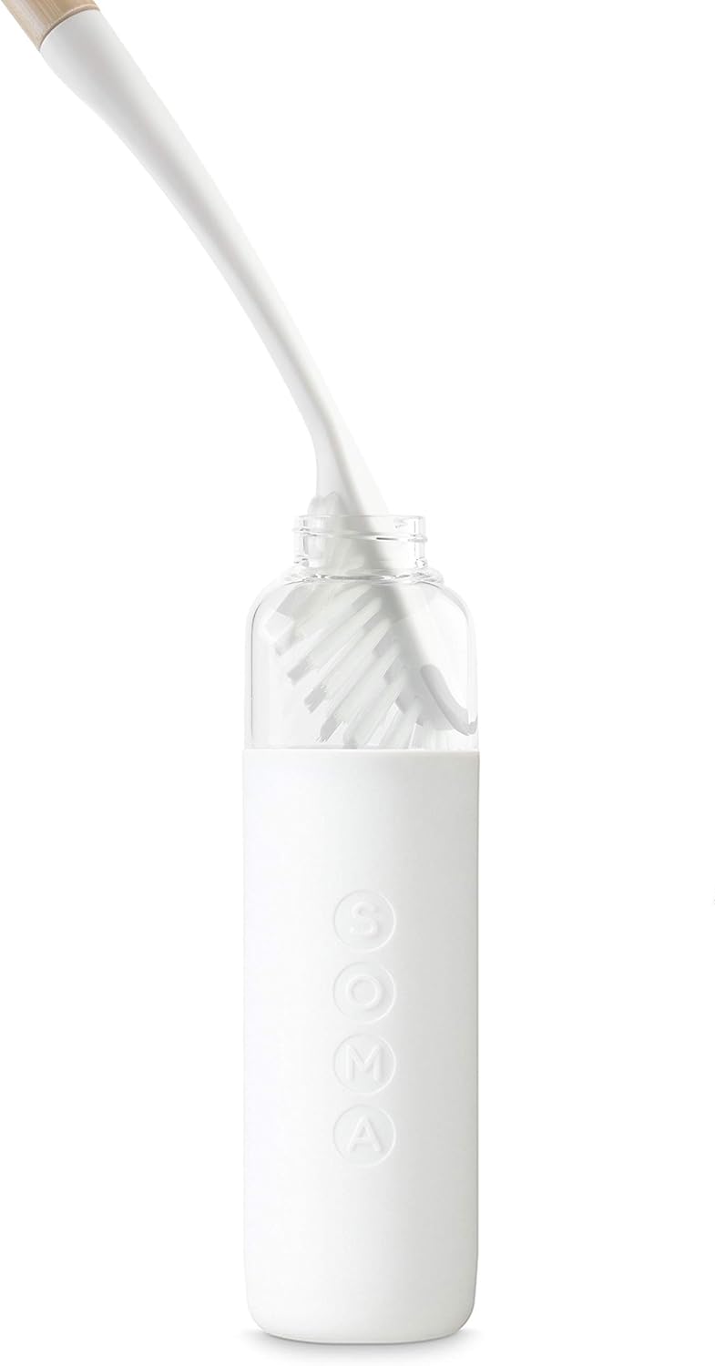 SOMA Cepillo largo para botellas de cabeza curva con soporte de silicona y mango de bambú, 14 pulgadas, gris