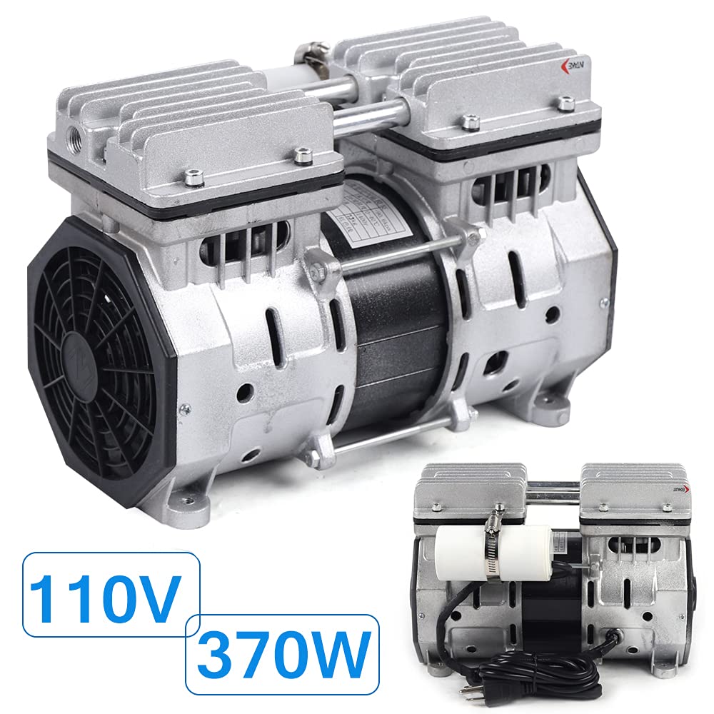 Bomba de aire al vacío de 370 W, sin aceite, pistón sin aceite, 110 V, bomba de vacío de diafragma sin aceite, 8 bar, 3.5 CFM 90.6 kpa 100 Lmin