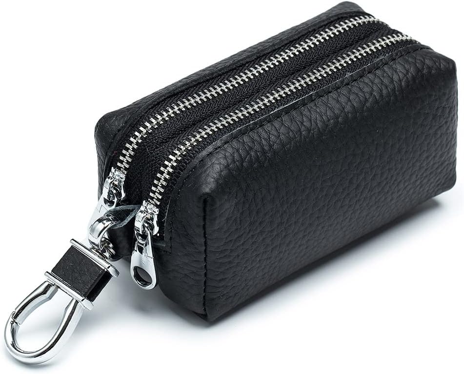 Guolich Car Key Chain Bag Double Zipper Leather Protection Key Coin Holder Keyring for Car Key Remote Control