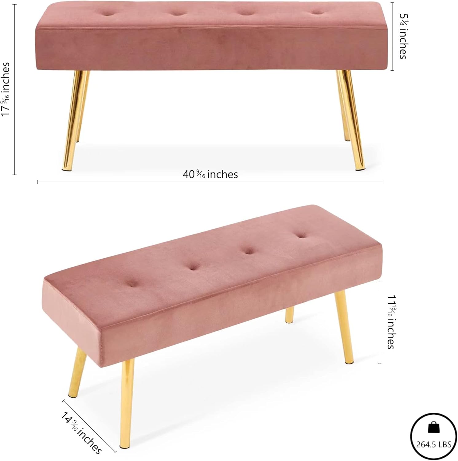 Polibi Moderno banco lateral de cama, taburete largo tapizado de terciopelo copetudo con patas doradas para dormitorio, entrada, sala de estar