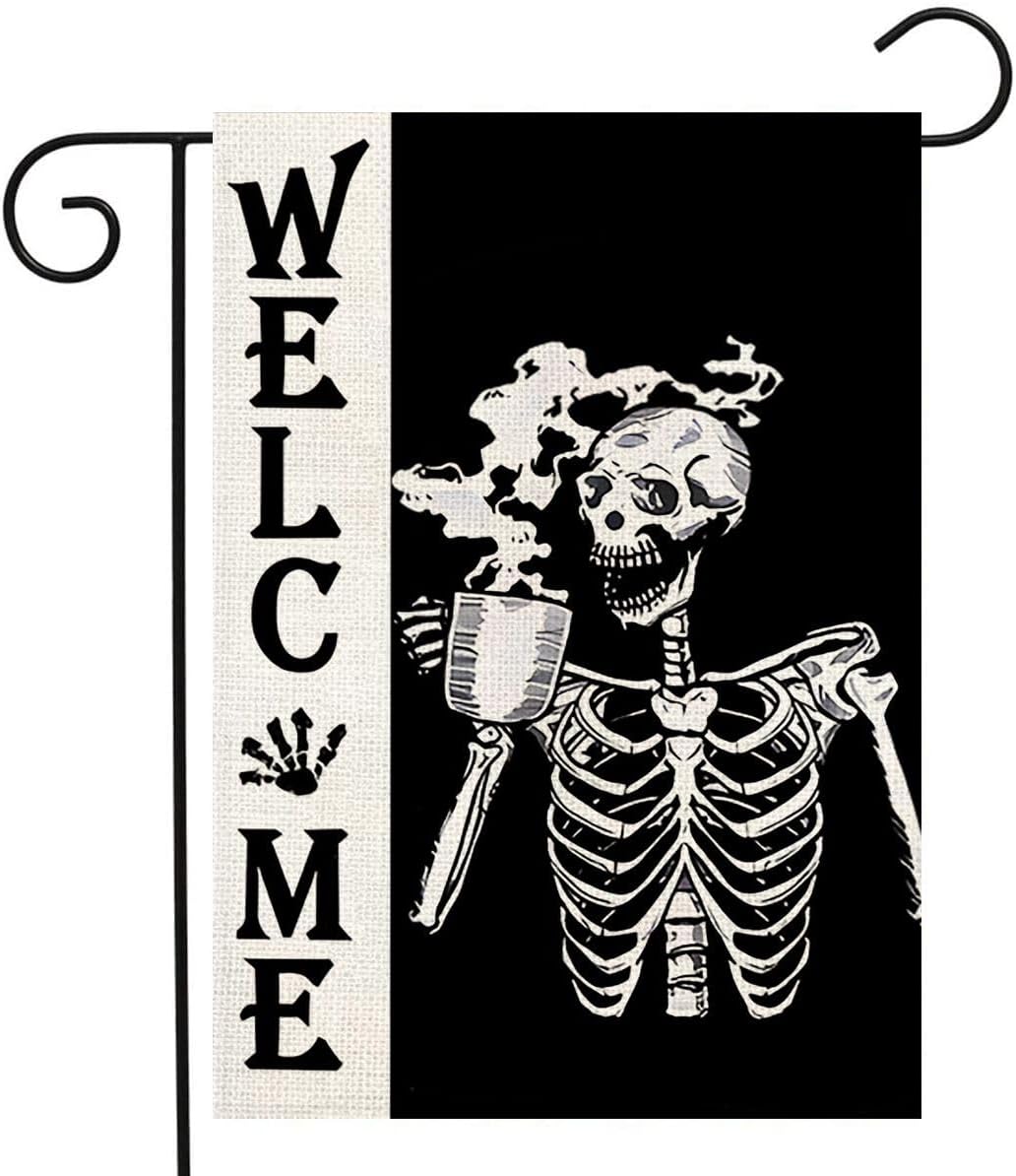 Bandera de jardín de otoño con diseño de calavera de Halloween con la bienvenida y girasol, calabaza, divertida, de 12 x 18 pulgadas, decoración de