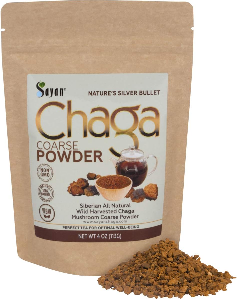 Sayan Polvo de chaga grueso siberiano crudo de 4 onzas (3.99 oz) de té de hongos cosechados salvajes, potente suplemento antioxidante adaptógeno