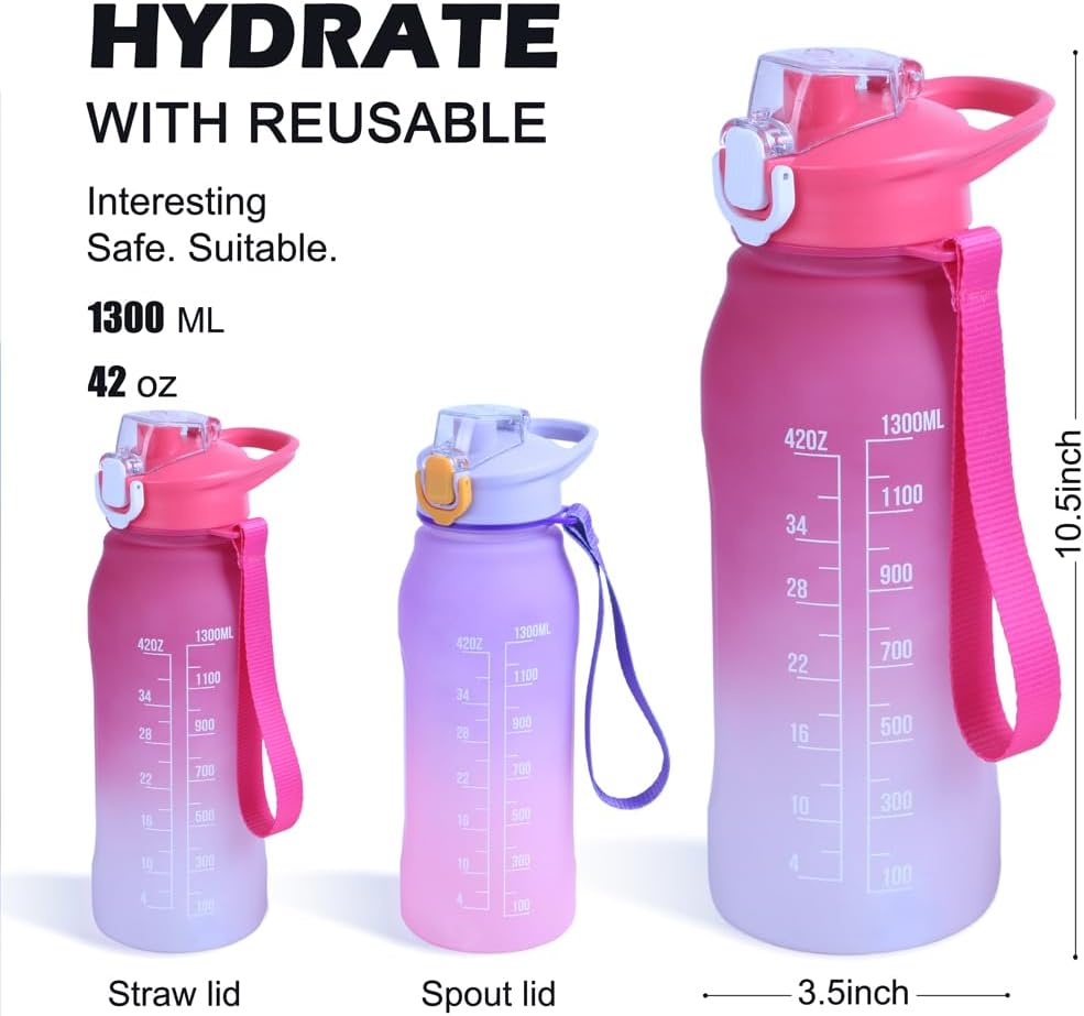 2 botellas de agua deportivas de 40 onzas, botellas de agua motivacionales con marcador de tiempo y popote, sin BPA, a prueba de fugas, botella de