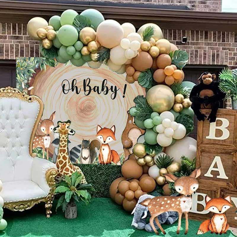 Decoración de baby shower de bosque, 1 telón de fondo de animales del bosque, 4 piezas, caja de grano de madera con letra de bebé, 115 piezas, verde