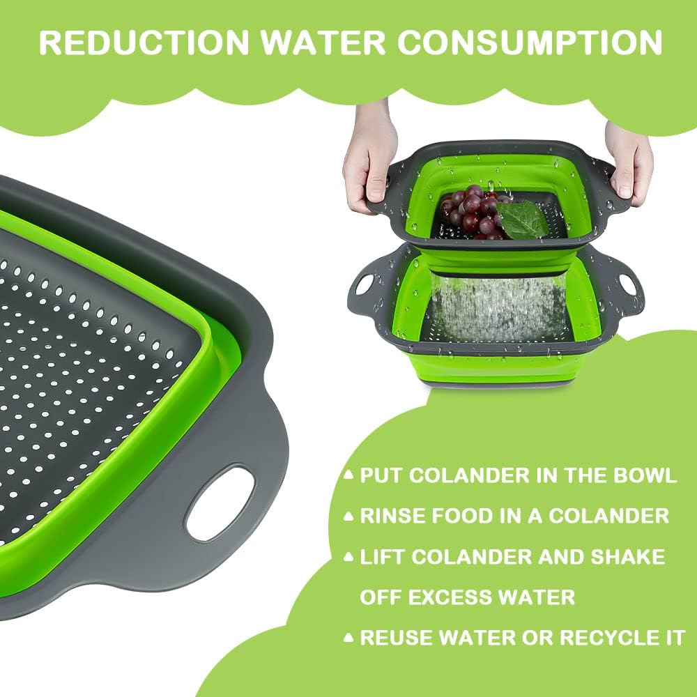 AUAUY Juego de 2 coladores plegables, colador plegable cuadrado de silicona con asas de plástico, colador de cocina ecológico con agujeros grandes