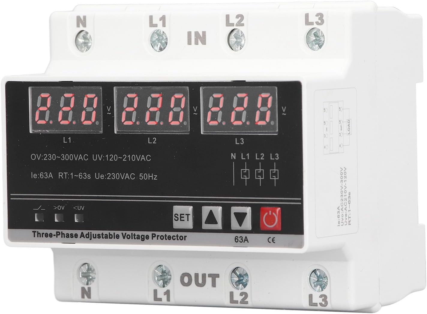 Protector de corriente CA AC120V a 300V 63A Protectores ajustables trifásicos sobre bajo voltaje Dispositivo de protección de corriente DIN Montaje