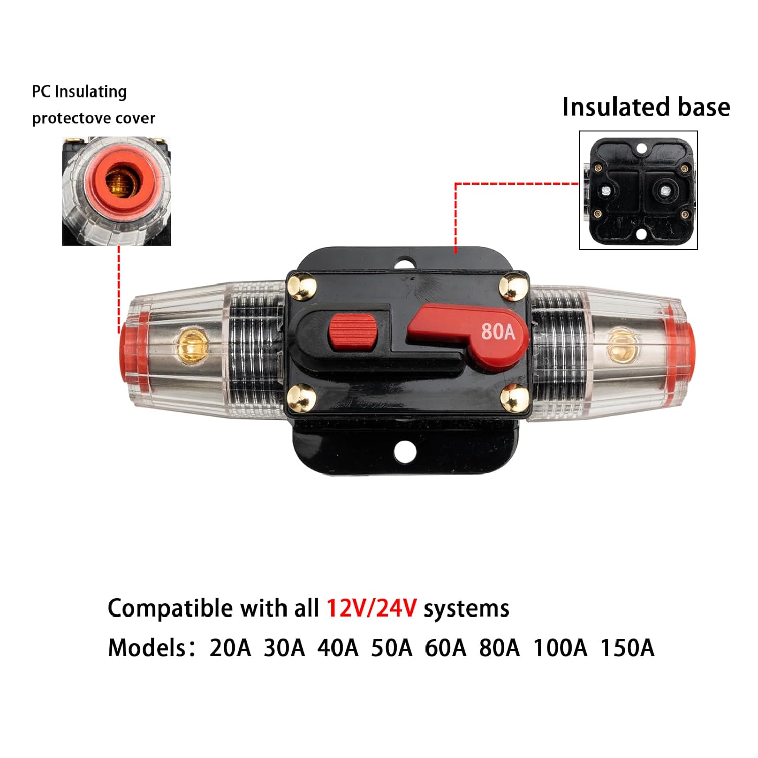 Portafusibles de 80 amperios de 12 V-24 V CC, disyuntor de audio, portafusibles estéreo en línea para automóvil, reinicio manual, para audio de