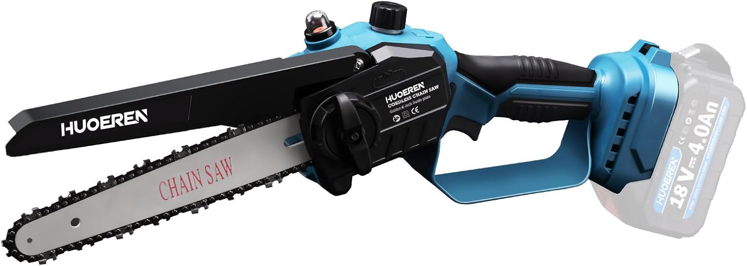 Mini motosierra inalámbrica compatible con batería Makita de 18 V, Huoeren sin escobillas de mano de 6 pulgadas con engrasador, 2 cadenas y lima de