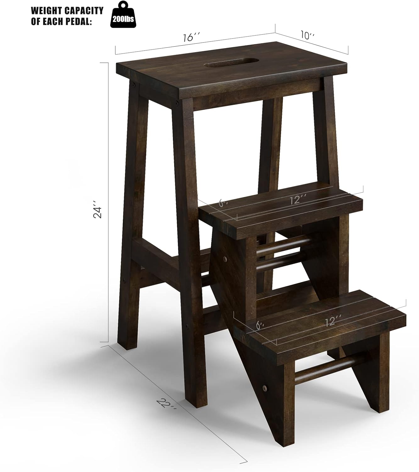 Costzon Taburete plegable de 3 niveles, taburete de madera 3 en 1, estante de almacenamiento de flores para el hogar, cocina, biblioteca, escalera
