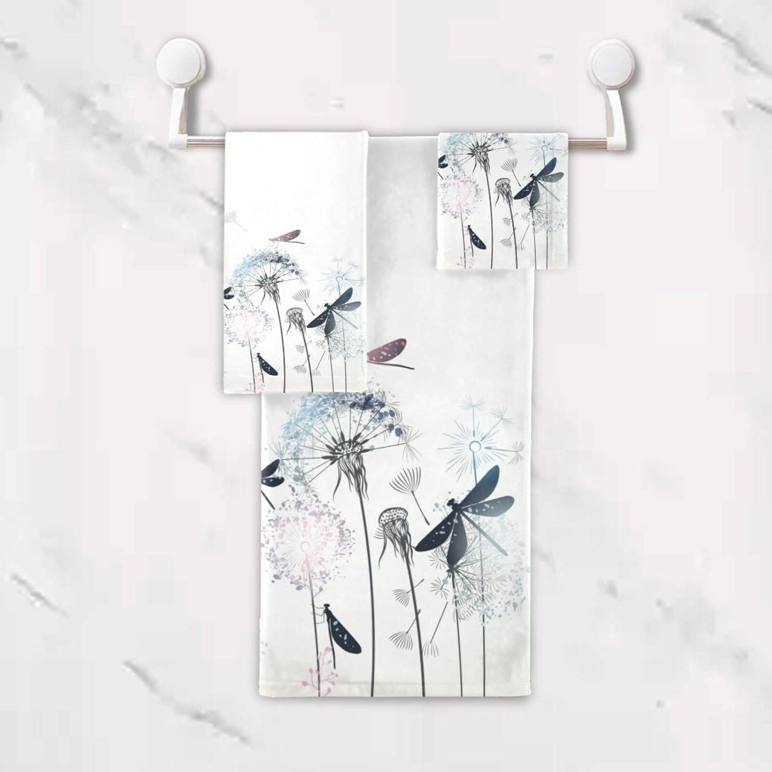 Juego de toallas de baño de libélula para baño, juego de toallas absorbentes de diente de león floral libélula decorativas para hombres y mujeres,