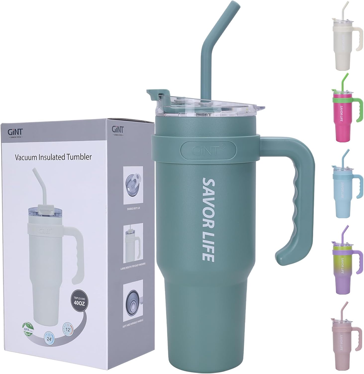 GiNT Vaso de 40 oz con asa, vaso aislado de acero inoxidable con tapa y pajilla, doble vacío a prueba de fugas, taza de café de viaje, color verde