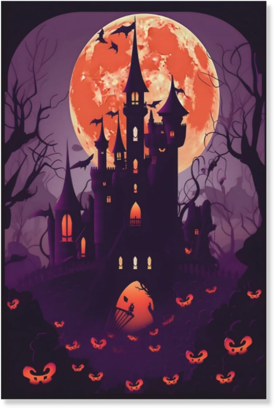 Fxluxar Póster divertido de fantasma, lienzo de castillo bajo luna de sangre, arte espeluznante, impresión de imagen de arte retro oscuro,