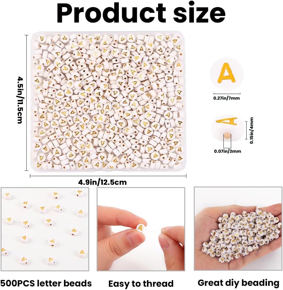 500 cuentas del alfabeto redondas de 0.157 x 0.27 pulgadas (0.157 x 0.276 in), cuentas de letras blancas doradas para pulseras, joyería,