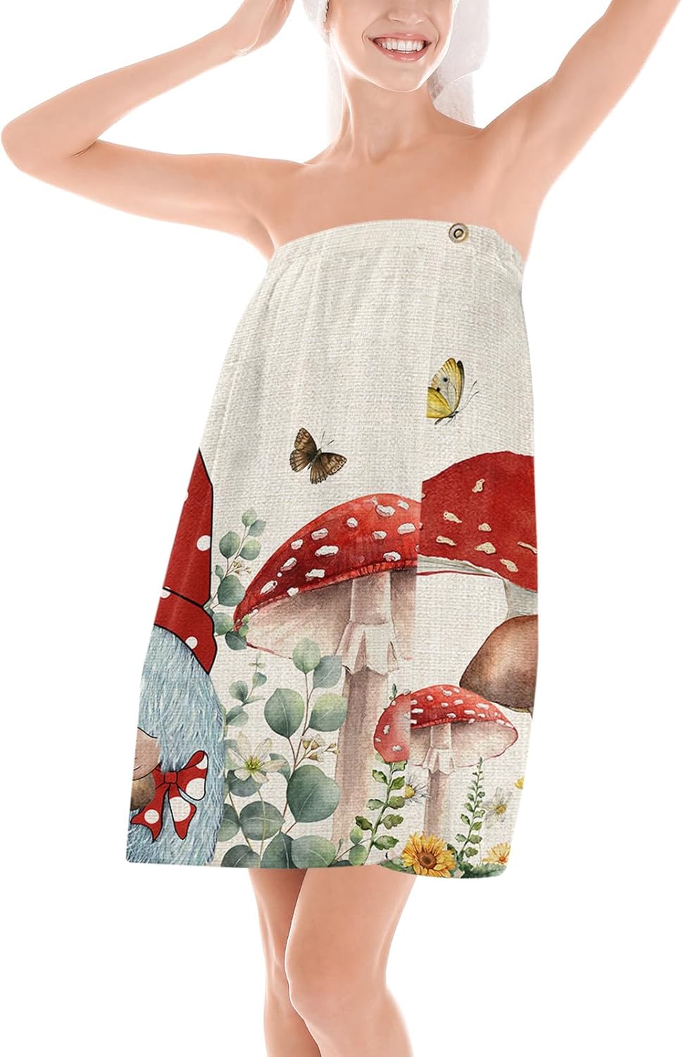 Bata de ducha para mujer, toalla para el cuerpo, toalla de spa, gnomos de hongos rojos, suave y absorbente, con cierre a presión ajustable, diseño