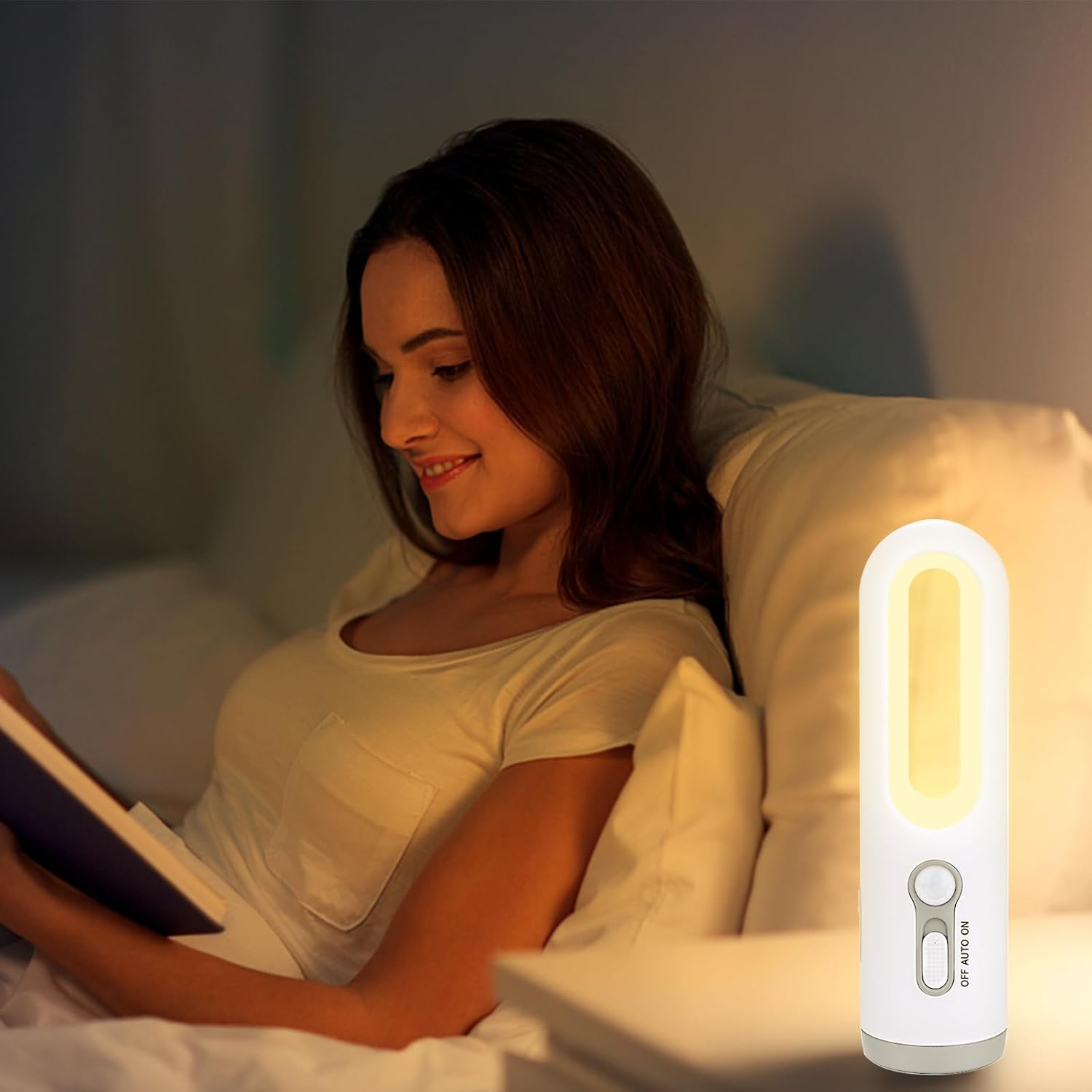Luz nocturna recargable con sensor de movimiento, 2 en 1 LED, linterna portátil blanca cálida, temperatura de color, 2800 K, sensor de atardecer a