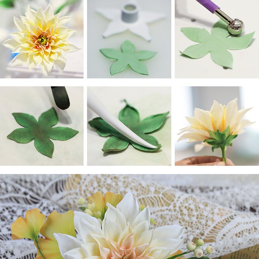 KALAIEN Moldes de vetas de flores de azúcar de dalia para fondant, herramientas de manualidades para pasteles de goma (14 unidades)