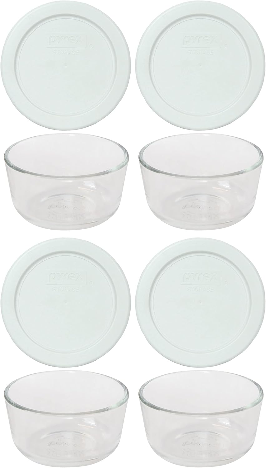 Pyrex (4 cuencos de vidrio 7202 y (4) tapas blancas de 7202 unidades, fabricadas en los Estados Unidos