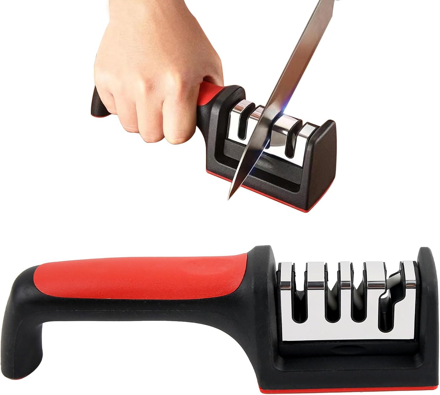 Afilador de cuchillos de mano de 4 etapas, afilador de cuchillos de cocina y bolsillo para cuchillos de acero cerámico y tijeras, reparación y