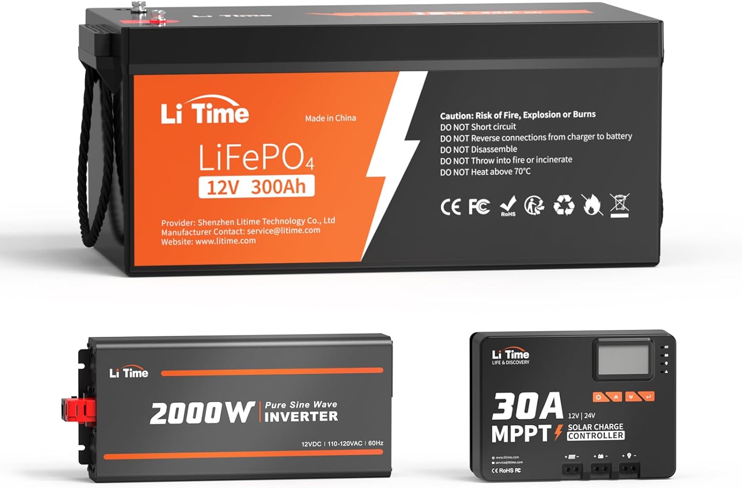 LiTime Energía de 3.84 kWh con baterías LiFePO4 de 12 V 300 Ah, incluidas con un cargador solar MPPT de 1224 V 30 A y un inversor de onda sinusoidal