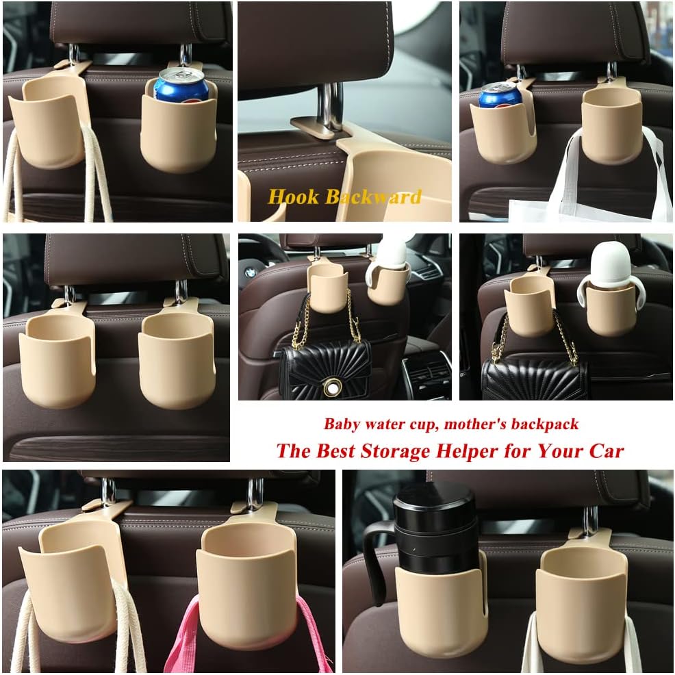 Car Seat Headrest Hook Hanger Storage Organizer Universal with Cup Holder for Handbag fit Universal Vehicle Car (Beige)