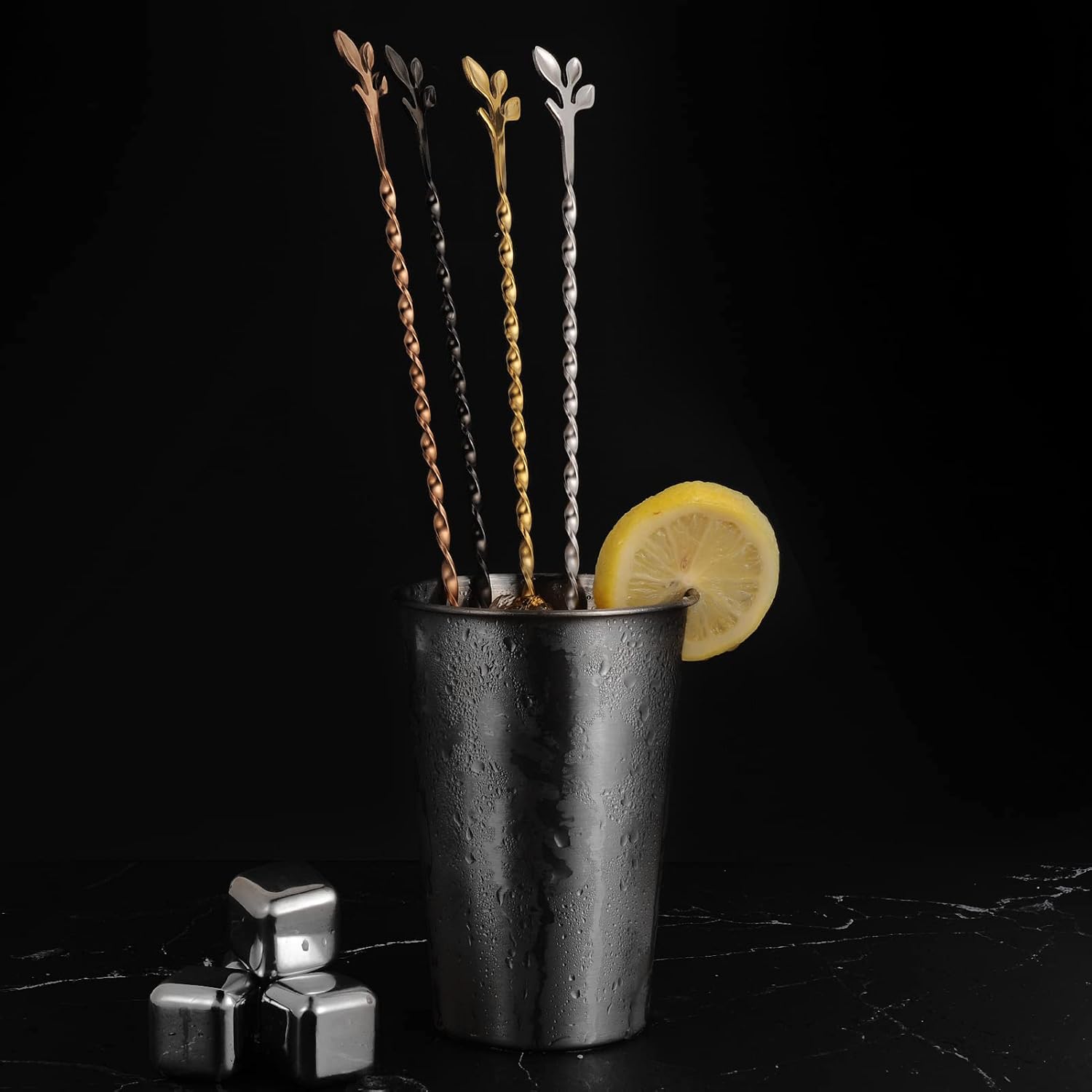 AnSaw Cuchara de barra de mango de hoja de 10 pulgadas, 3 agitadores de mezcla de cóctel de mango largo, acero inoxidable, plata