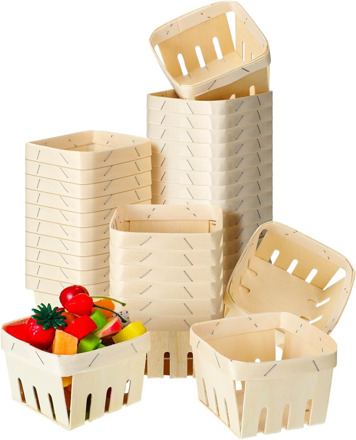 30 cestas de bayas a granel de una pinta de madera para regalo, cestas cuadradas ventiladas pequeñas de madera para frutas, cajas de madera para