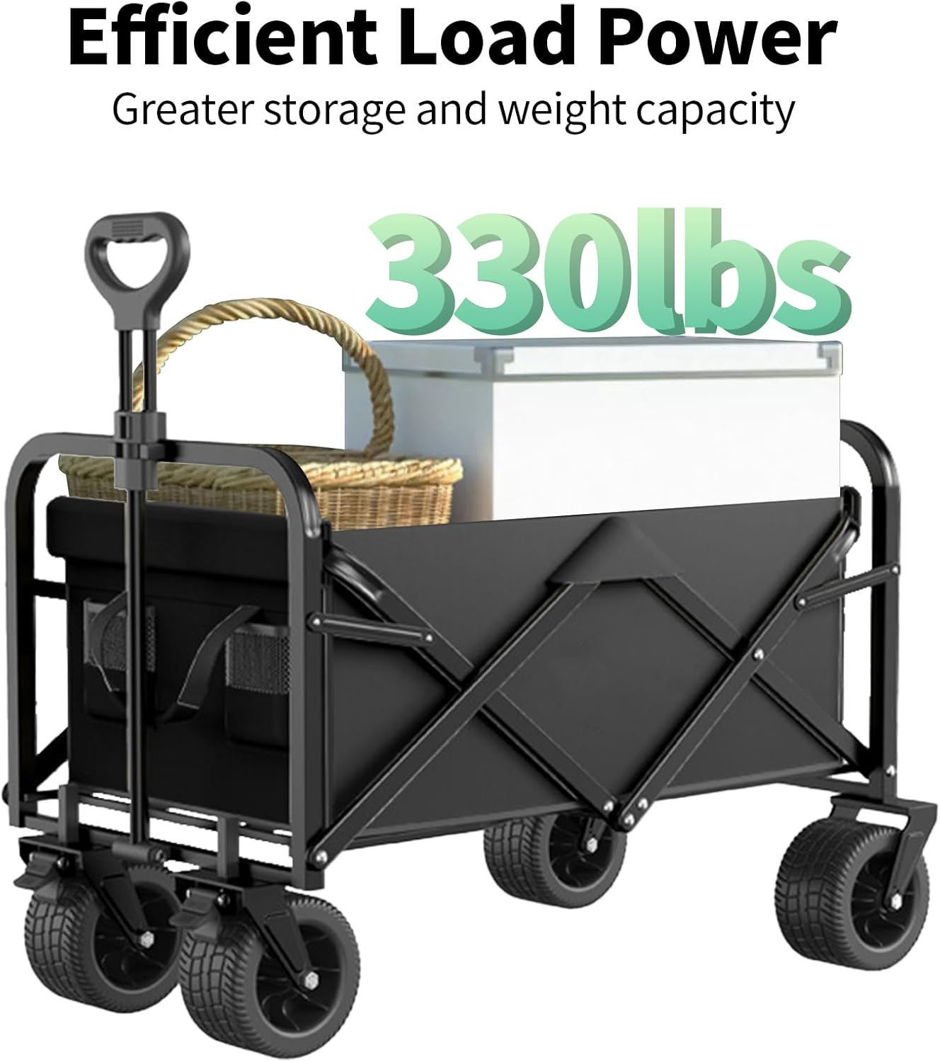 QivvMivo Carro plegable plegable de 330 libras, carrito de playa resistente para arena con ruedas grandes, mango ajustable y soportes para bebidas