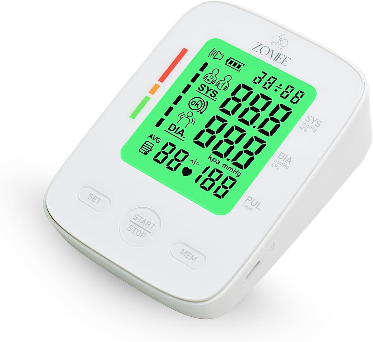 Zomee Monitor de presión arterial de brazo superior con transmisión de voz BP precisa, pantalla grande LCD, 2 x 99 memorias fáciles de 1 toque,