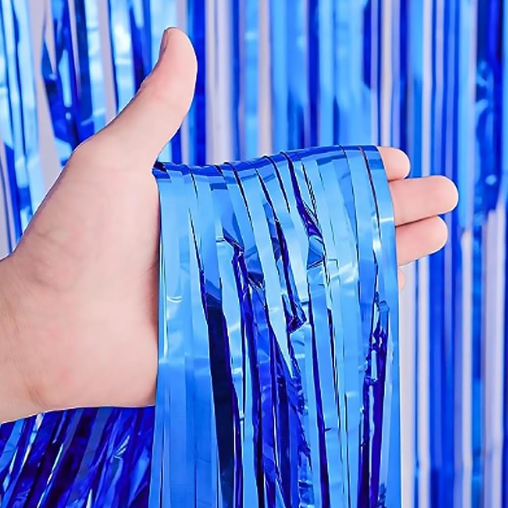 MEHOFOND Paquete de 2 cortinas de flecos de papel de aluminio azul rey de 3.3 x 6.6 pies, decoración de fiesta, telón de fondo metálico con flecos