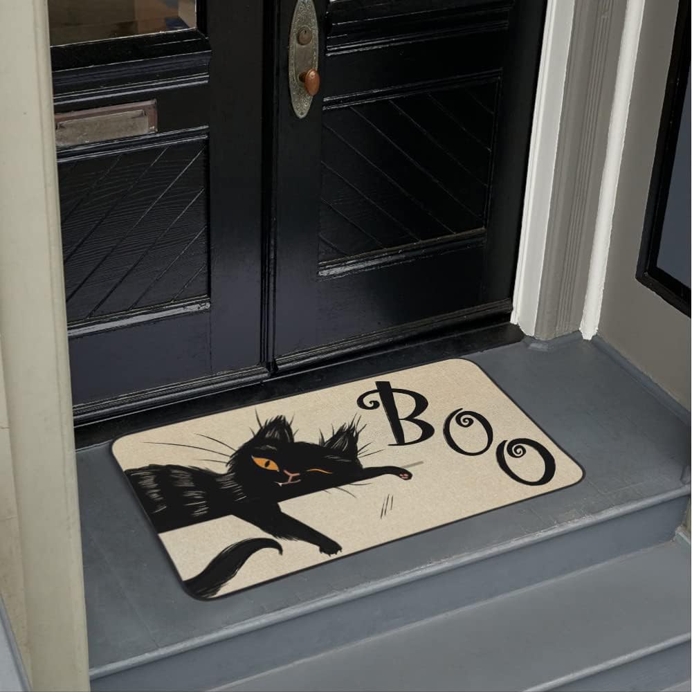 Tapete decorativo de bienvenida de gato negro de Halloween, 17 x 29 pulgadas, antideslizante y lavable, tapete de goma trasera de goma para