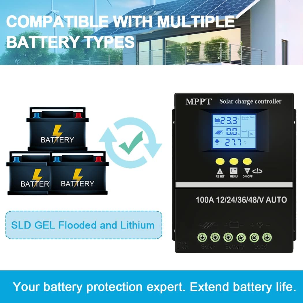 Y&H Controlador de carga solar MPPT 80A 12V 24V 36V 48V Pantalla LCD Batería Regulador inteligente Max 100V Entrada USB dual para plomo-ácidolitio