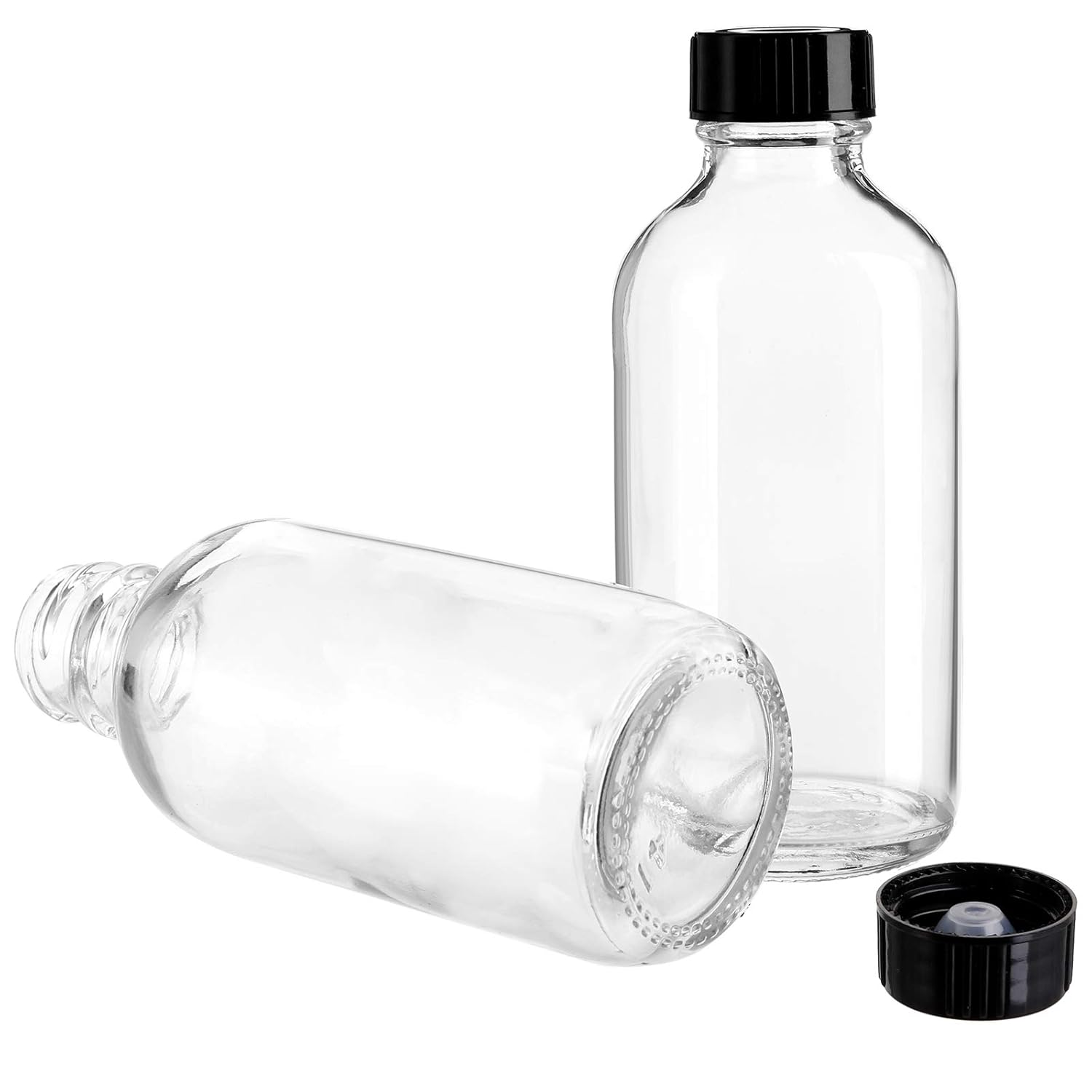 Bekith Paquete de 24 botellas redondas Boston transparentes con tapa de cono de polietileno negro, botellas de vidrio transparente de 4 onzas,