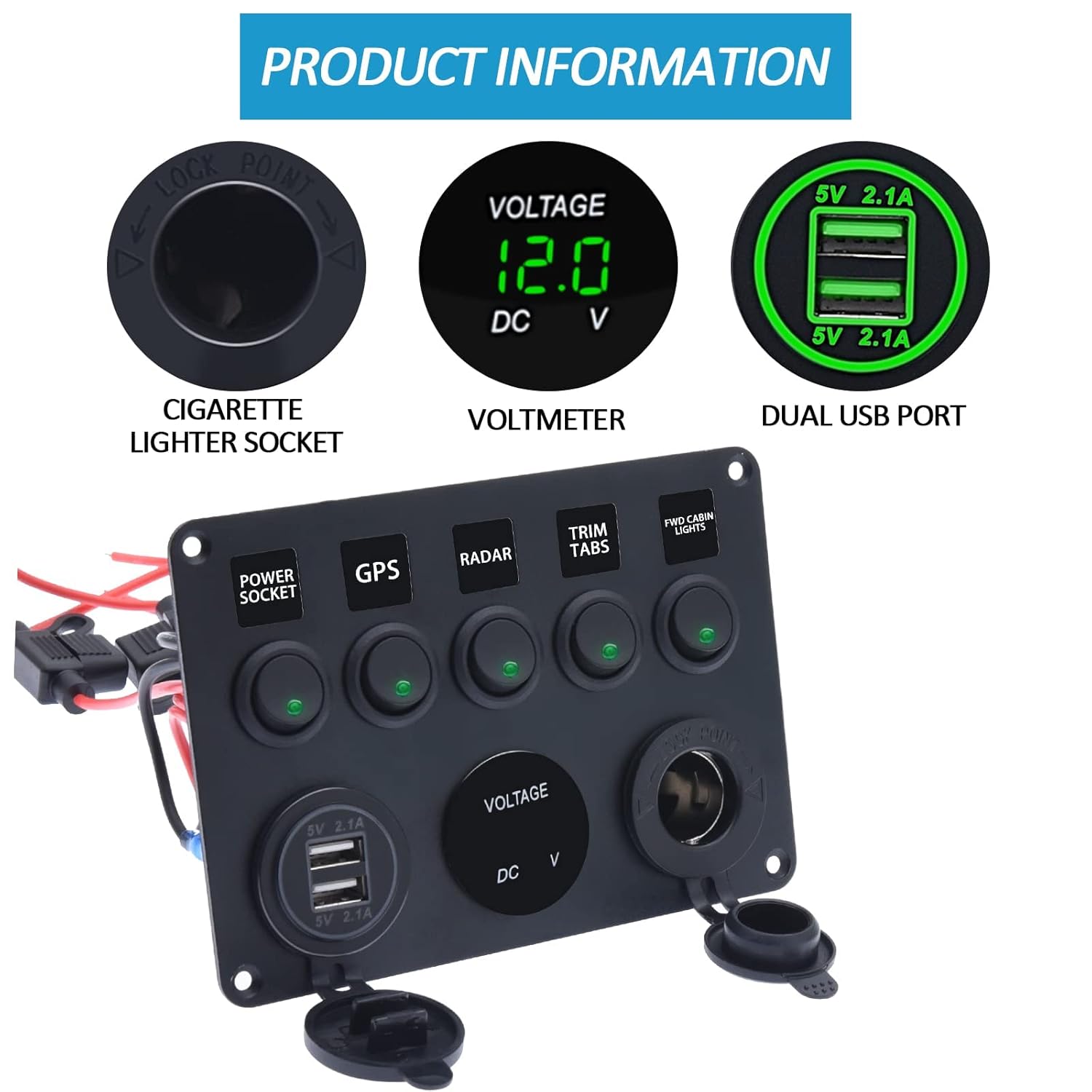 KAOLALI Panel de interruptores de palanca de 5 bandas, panel de interruptores marinos automotrices, panel de interruptores impermeable de 12 V para