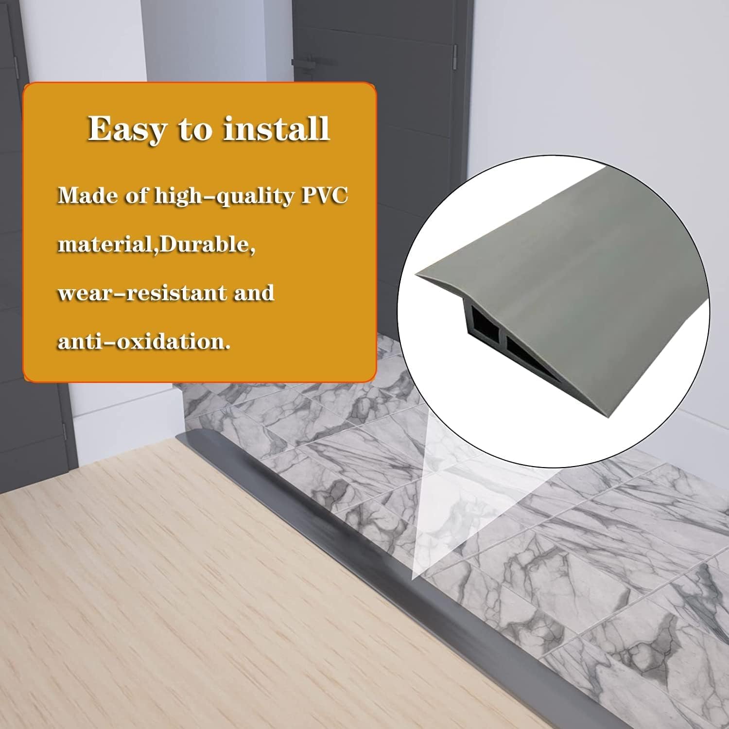 Tira de umbral de transición de vinilo autoadhesiva, reductor de pisoalfombra a azulejo, borde de puerta para azulejos laminados (gris, 36 pulgadas)