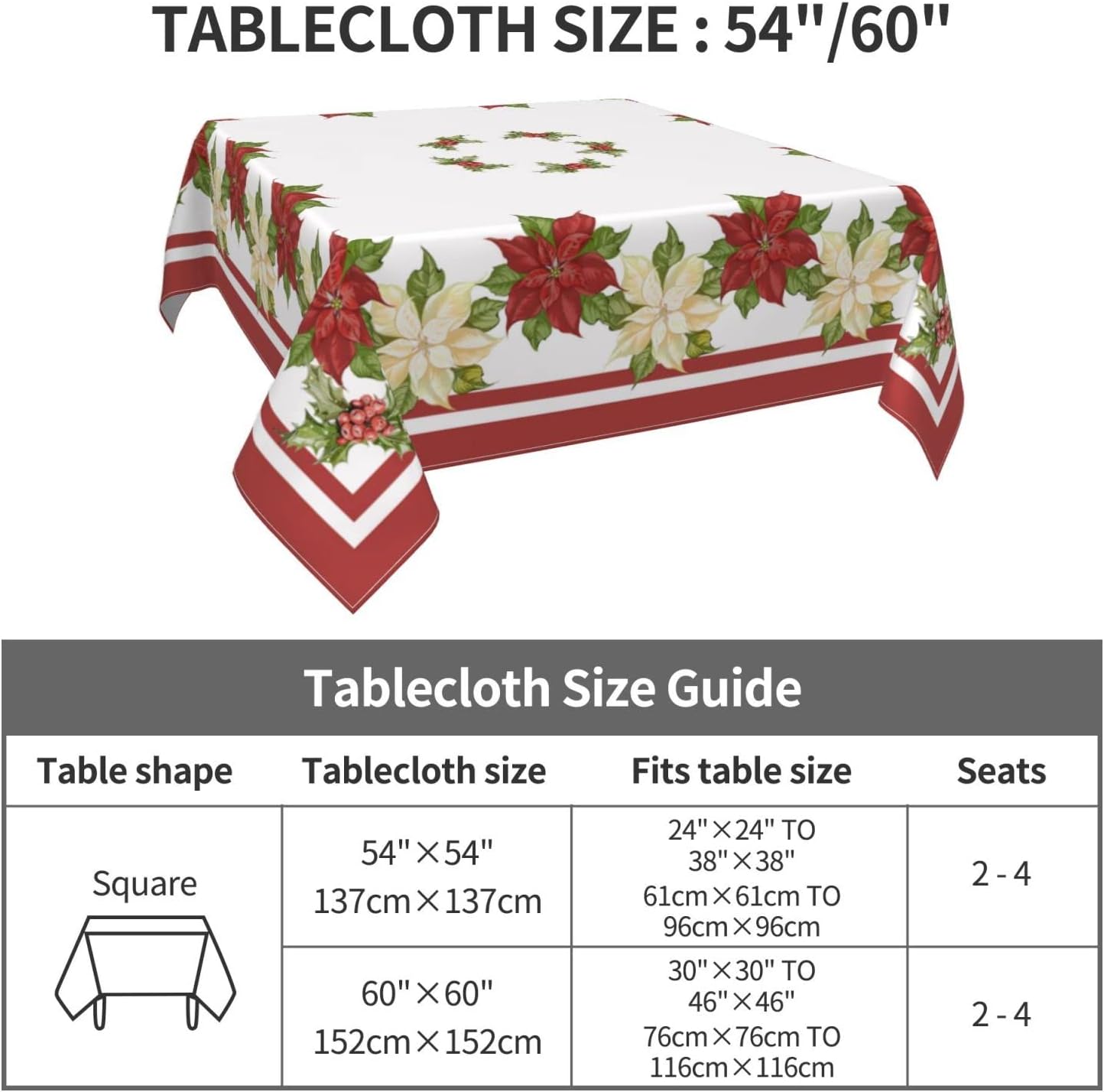 AGAYNA Mantel cuadrado de Navidad de 54 x 54 pulgadas, mantel floral de flor de pascua rojo y blanco, resistente a las manchas, mantel de Navidad