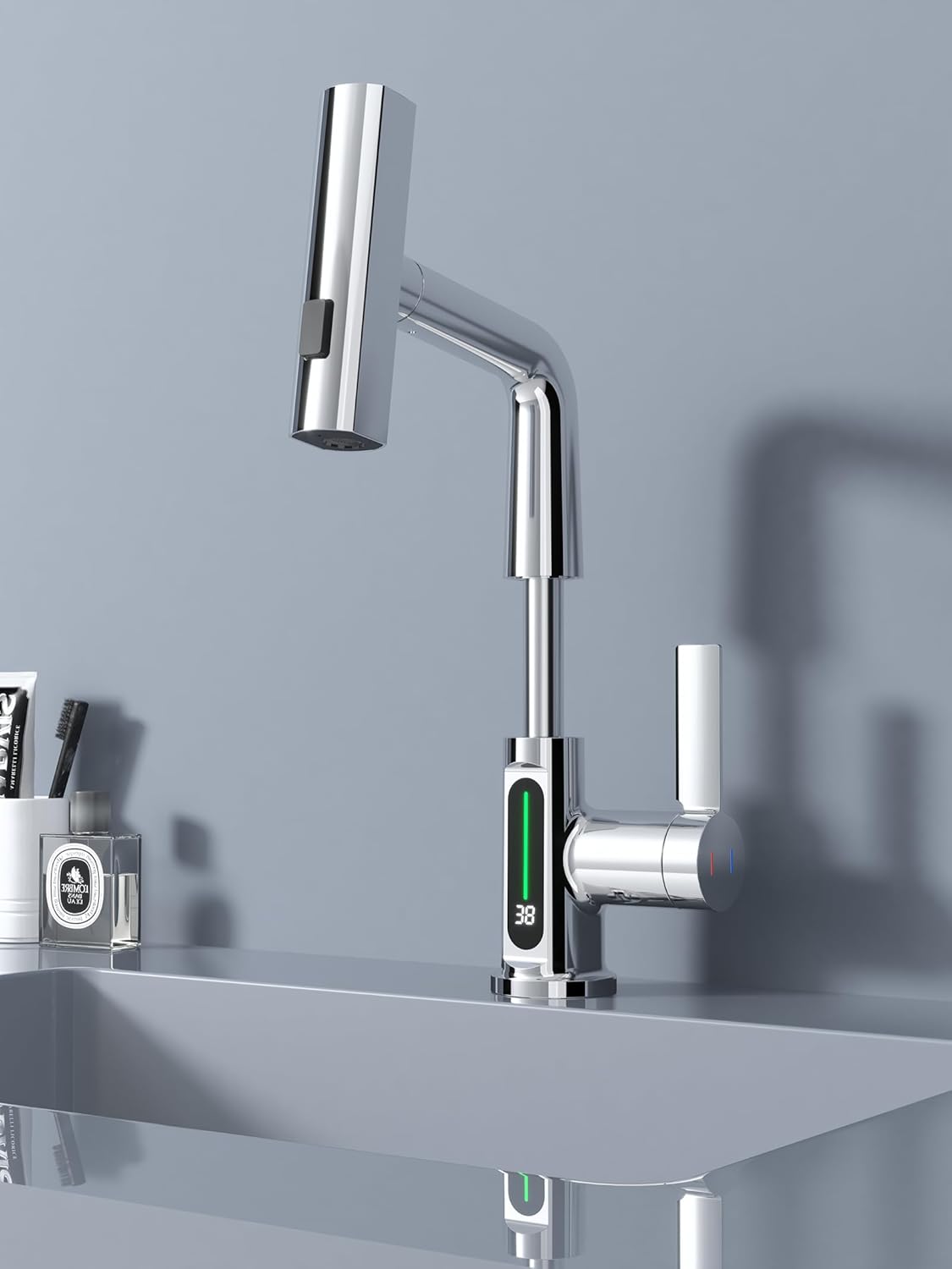 BARROCK Grifos de baño en cascada con rociador extraíble, moderno grifo de fregadero de baño extraíble con pantalla digital de temperatura, grifo