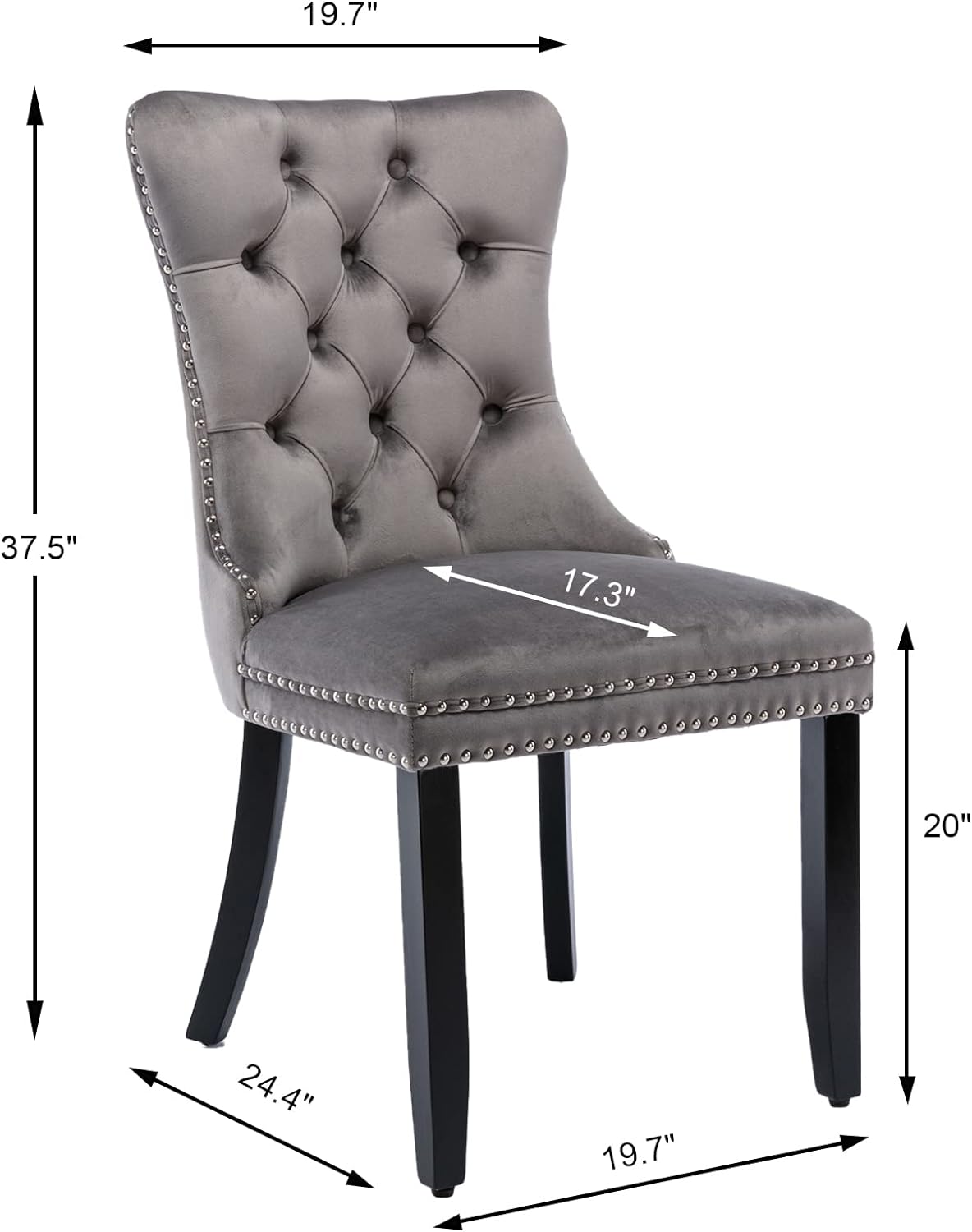 Juego de 4 sillas de comedor de terciopelo gris, sillas de comedor tapizadas con anillo trasero y patas de madera maciza, sillas de cocina con