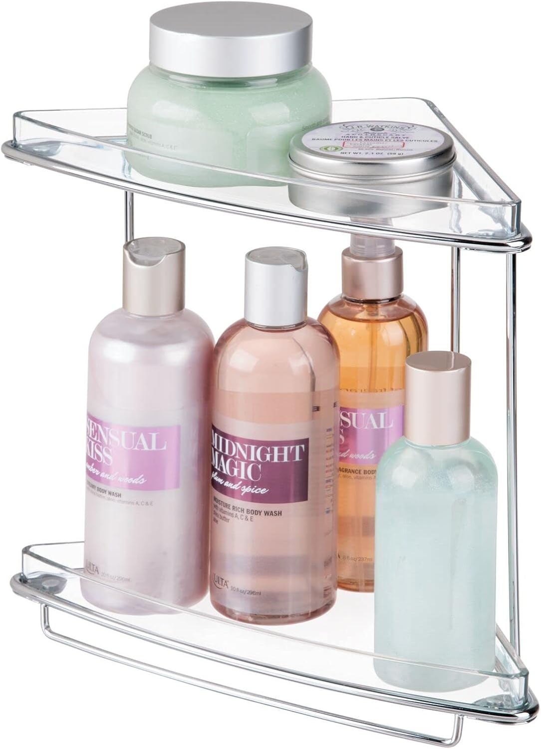 mDesign Organizador de estante de esquina independiente de acero y plástico con almacenamiento de 2 niveles para baño, tocador, gabinete, mostrador,