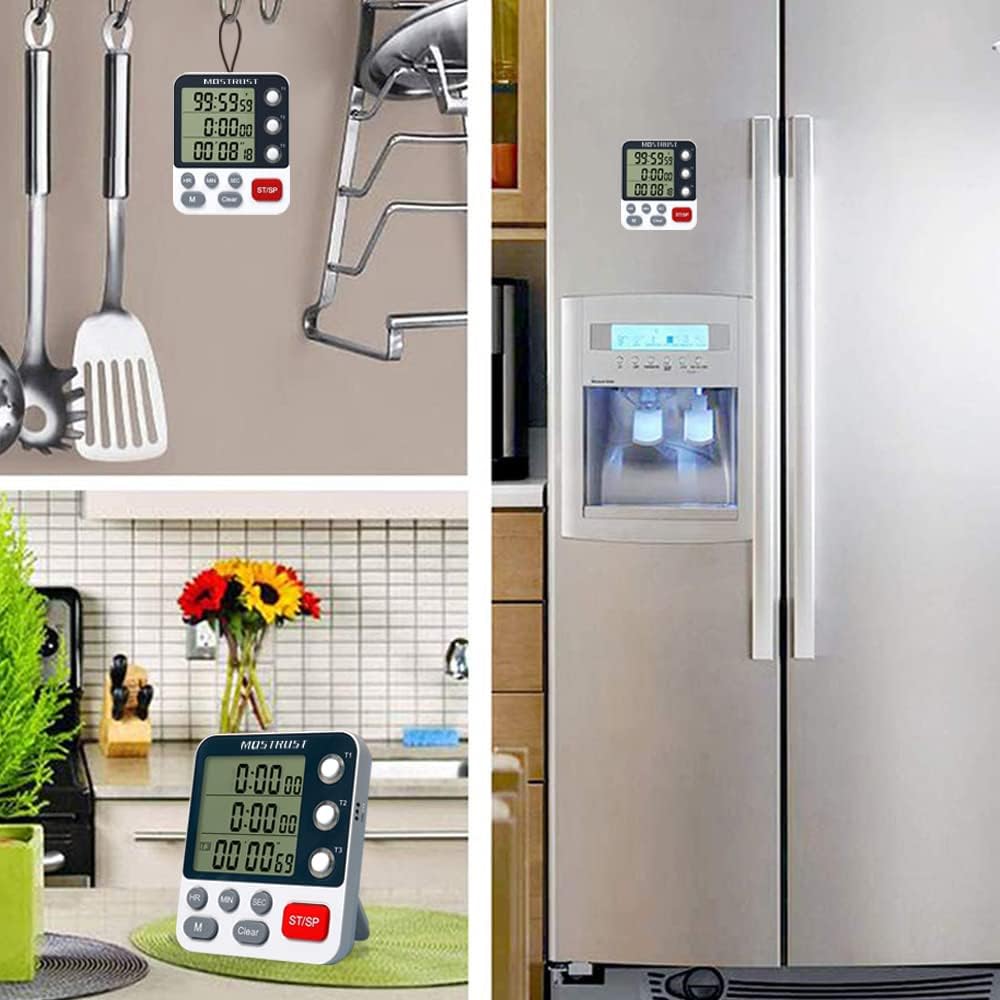 Temporizador digital de cocina doble, temporizador de 3 canales, temporizador de cocción, pantalla grande, triple temporizador, alarma de volumen