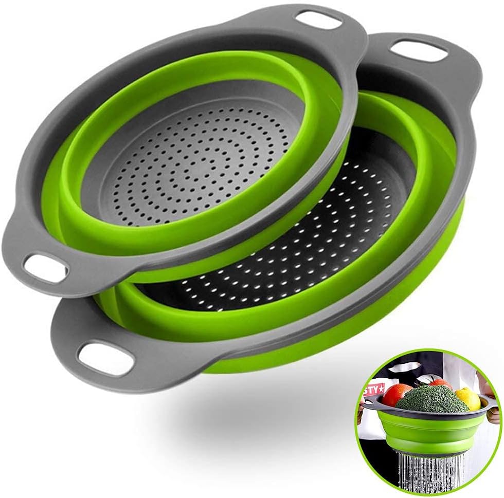 HOWOON Basket Collapsible Colander Set of 2 Round Silicone Kitchen Strainer – 1 large small Perfect for Draining Pasta, Vegetable and fruit (Green)