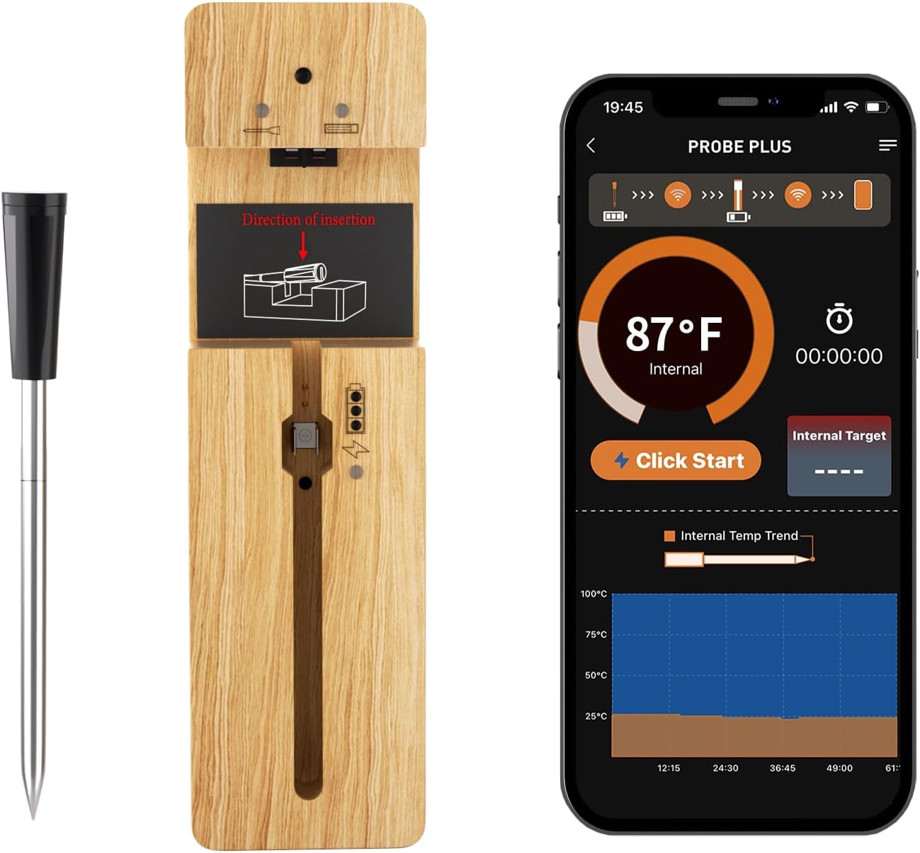 Termómetro de carne verdaderamente inalámbrico, termómetro digital Bluetooth para horno con control de aplicación, alcance remoto de 393.7 ft393