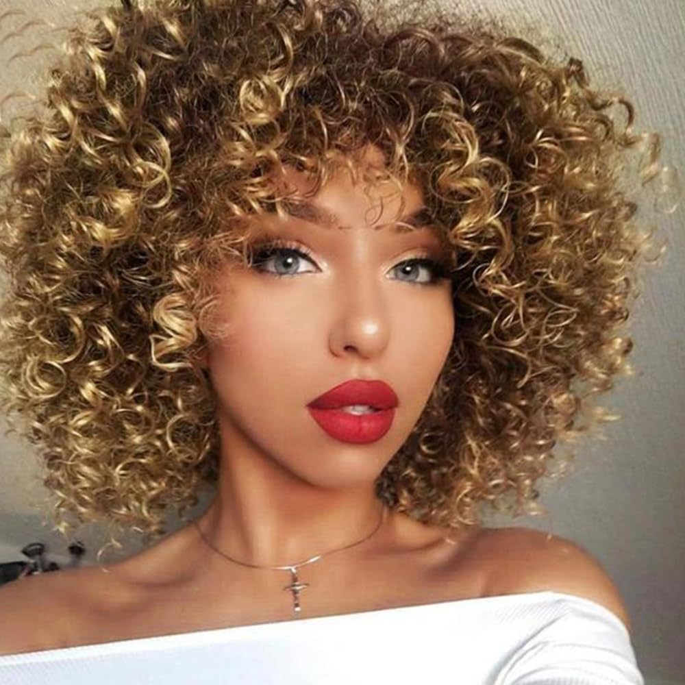 Allbell Pelucas cortas y rizadas para mujeres negras, peluca rubia suave y rizada con flequillo, rizos afro, resistente al calor, peluca sintética