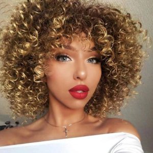 Allbell Pelucas cortas y rizadas para mujeres negras, peluca rubia suave y rizada con flequillo, rizos afro, resistente al calor, peluca sintética Allbell Pelucas cortas y rizadas para mujeres negras, peluca rubia suave y rizada con flequillo, rizos afro, resistente al calor, peluca sintética