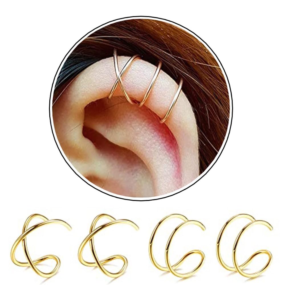 4 Pcs Stainless Steel Ear Cuff Criss Cross Double Lines Ear Cuffs Non-Piercing Minimalist fake Helix Earcuff Cartilage Earring, Huggie Helix