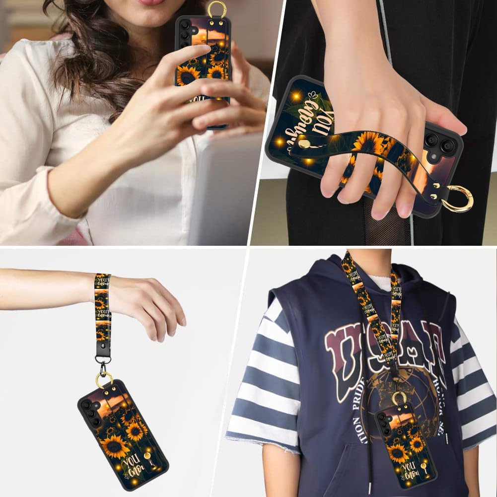 LSL Compatible con Samsung Galaxy A15 5G Shine Girasoles Funda con correa de muñeca con soporte para mujeres y niñas, textura de neumático TPU