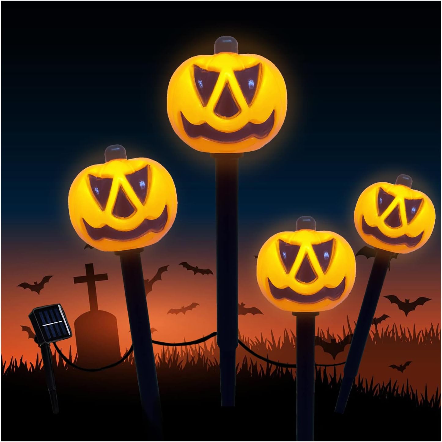 Luces solares para decoración de Halloween al aire libre, 4 piezas impermeables de Halloween, luces de estaca de calabaza iluminadas para Halloween,