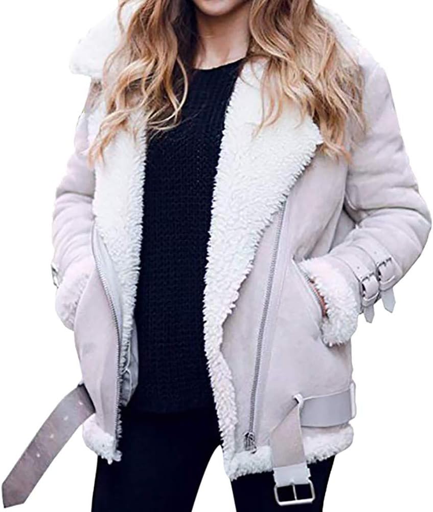 Chaquetas de gamuza para mujer, con solapa, cuello de vellón, con cinturón, forro de franela, abrigos, holgados, a la moda, talla extra grande XXL